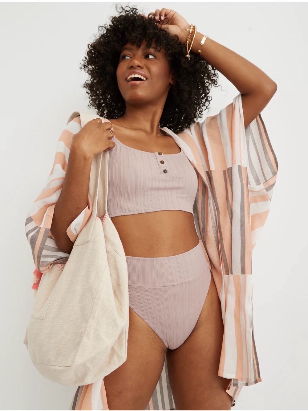Aerie Mauve Ribbed Two-Piece Bikini Set with Striped Cover-Up